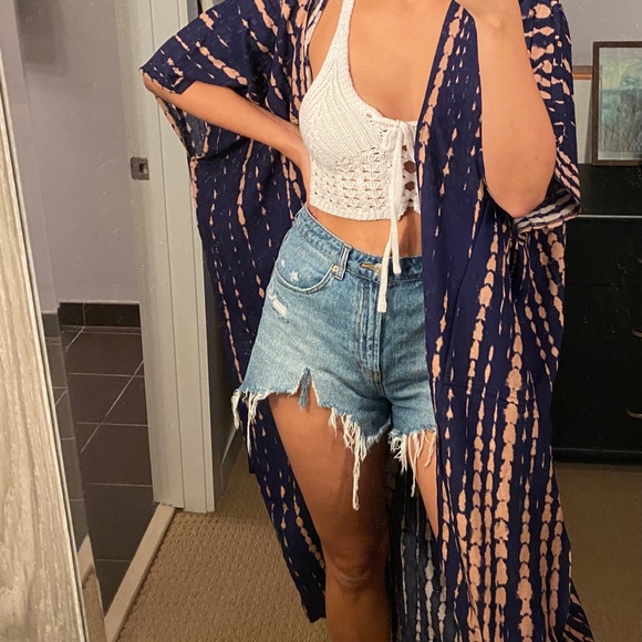 Blue & Peach Long Wrap Dress Kimono - Picture 11 of 11